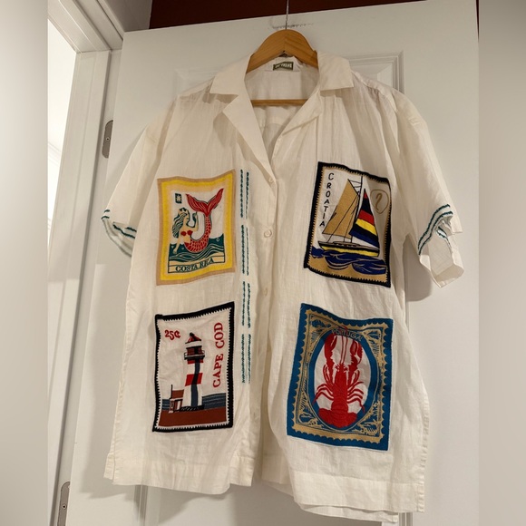 Anthropologie x Celandine Embroidered Postcard Boxy Buttondown Shirt, NWOT - Picture 6 of 7